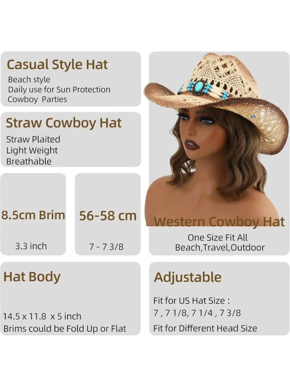 Men's Khaki-m29 Straw Adjustable Wide Brim Sun Beach Western Cowgirl Cowboy Hat